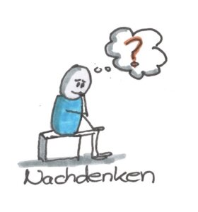 Nachdenkliches Männchen sitzt auf einem Würfel