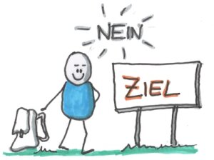 Männchens steht mit einem Rucksack neben sich vor dem Ziel