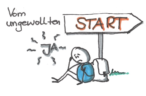 Männchen sitzt müde vor einem Schild